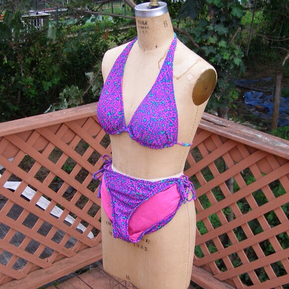 NEW size L/XL Xhilaration Reversible 2pc Swim Suit Animal Print/Striped Hot Pink - Picture 2 of 9